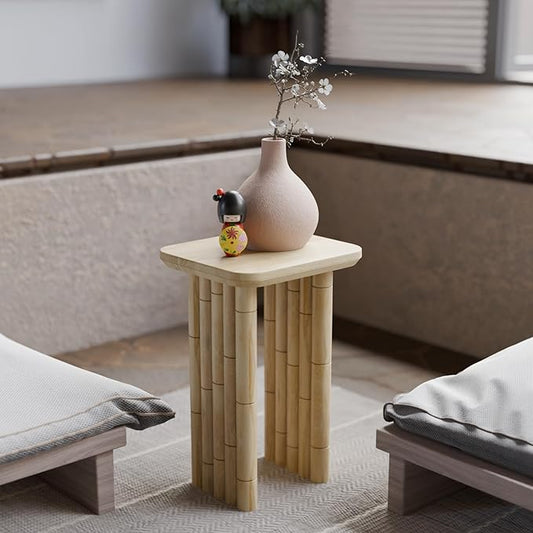Bambos End Table | Sold Mango Wood Bedside Table, Natural Finish Side Table for Living Room, Bedroom, Entryway | Handcrafted Nightstand, Easy Assembly, Bamboo Inspired Legs, Compact, Boho Accent Table