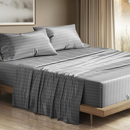 THREAD SPREAD 100% Egyptian Cotton Sheets Queen Size - 1200 Thread Count 4 PC Damask Sheet Set Egyptian Cotton, Sateen Luxury Sheet Queen Size, Soft Sateen Sheets, 17" Deep Pocket - Dark Grey Stripe