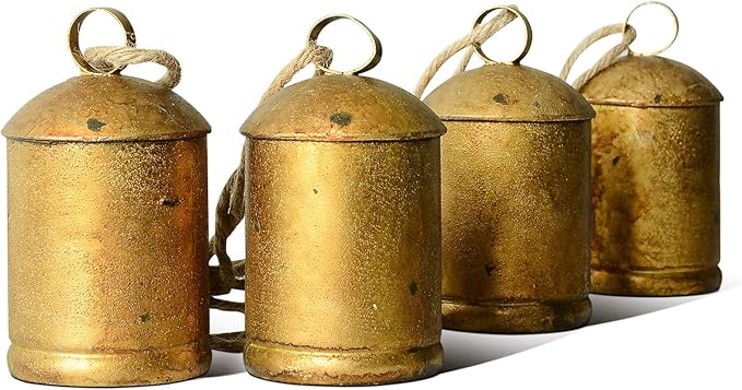 Styleonme Decorative Bells, Christmas Bell, Metal Indoor and Outdoor Blessing Bells, 4-Piece Set of Harmonious Bells, Vintage Handmade and Rustic Lucky Christmas Bells Hanging on a Rope