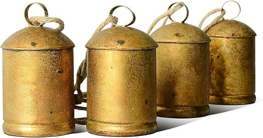 Styleonme Decorative Bells, Christmas Bell, Metal Indoor and Outdoor Blessing Bells, 4-Piece Set of Harmonious Bells, Vintage Handmade and Rustic Lucky Christmas Bells Hanging on a Rope