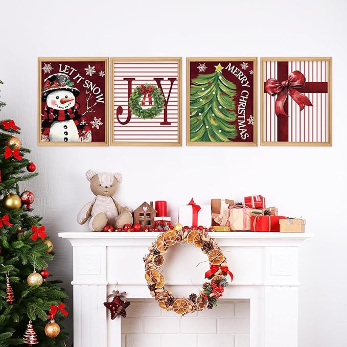 Wheatwin Christmas Wall Decor - Snowman Tree Art Prints Set of 4, Indoor Decorations for Bedroom, Red Bow, 8x10 (Unframed)