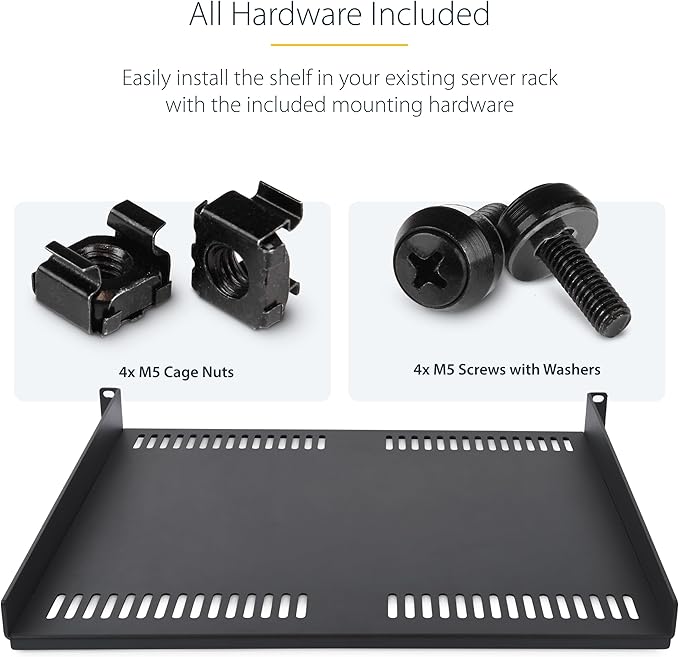 StarTech.com 1U Vented Server Rack Shelf, 16in (40cm) Mounting Depth, Cantilever Tray, Heavy-Duty Steel, 30lb/14kg Capacity