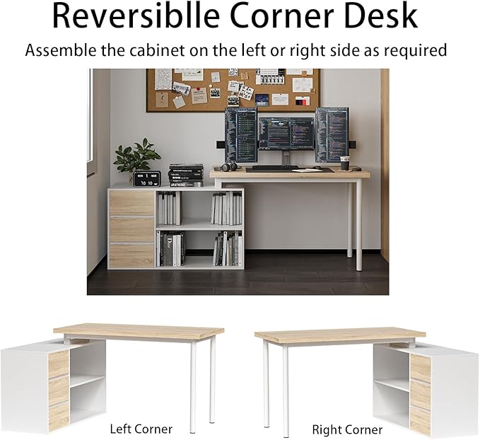 L Shape Computer Desk with 3 Drawers and 2 Shelves, Home Office Desk Corner Small Desk with Storage Cabinet for Writing Study Executive – Walnut and White