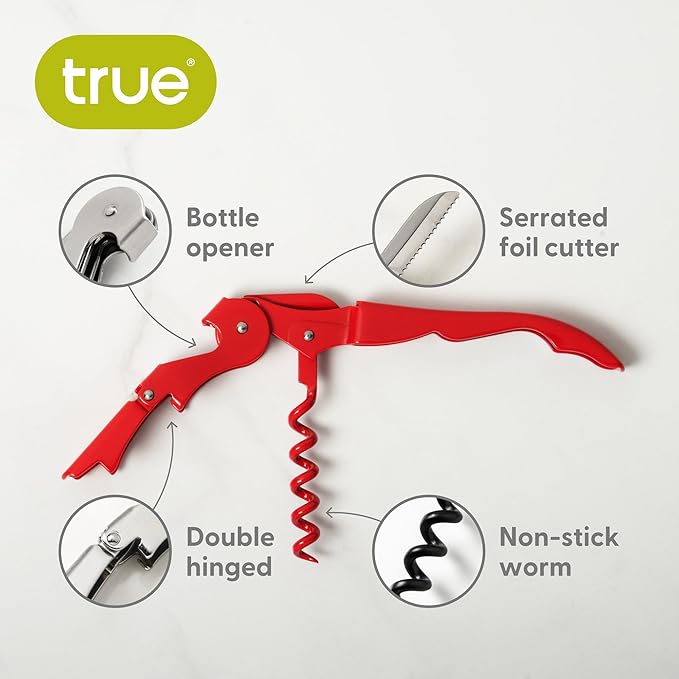 True Truetap Double Hinged Waiter's Corkscrew Wine Opener, Stainless Steel Wine Bottle Opener with Built In Foil Cutter, Home Bar Tools, Bar Cart Accessories, Wedding Gifts, Set of 1, Solid Red