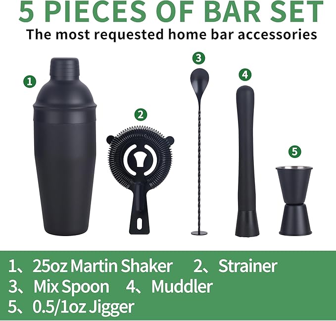 Cocktail Shaker Set Bartender Kit,5 Piece Bar Set Stainless Steel Bar Tools Set for Professional Bartender and Home (Matte Black, 5-Piece)