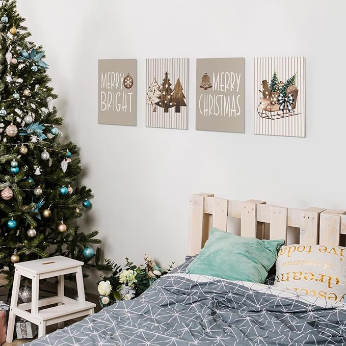 Wheatwin Boho Christmas Decor, Neutral Christmas Decor, Merry Christmas Wall Art Prints Set of 4, Wooden Christmas Tree Winter Decorations for Office Bedroom Living Room, 8x10 (Unframed)
