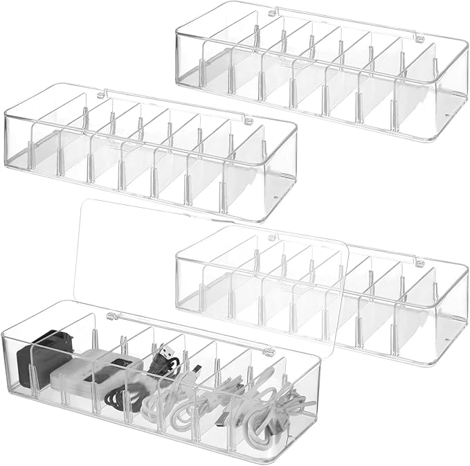 4 PCS Cable Organizer Storage, Cord Organizer 8-Compartment with Lid, Removable Dividers, Clear Cord Storage Organizer for Home Office Desk