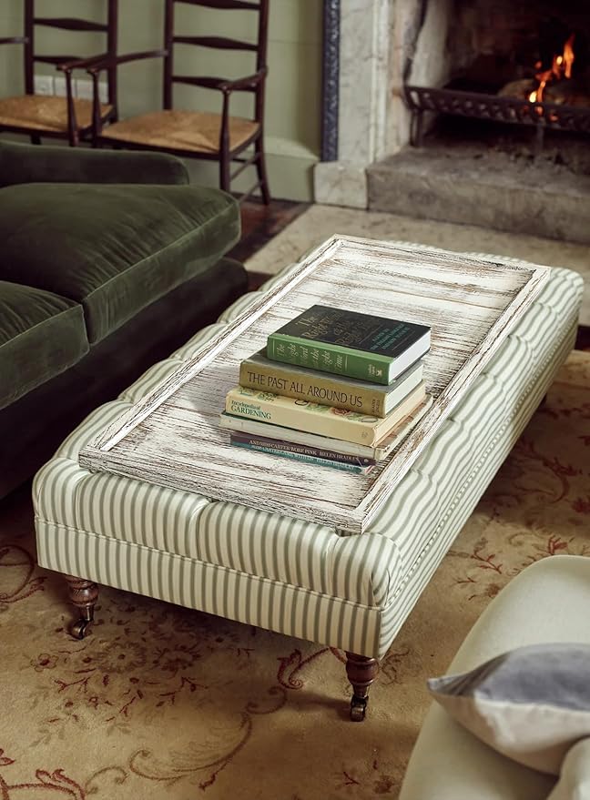 40"x20" Extra Large Long Rectangle Ottoman Table Tray - Rustic Wooden Serving Tray for Farmhouse Decorative Oversized Coffee Table Trays Living Room Kitchen Counter Breakfast White