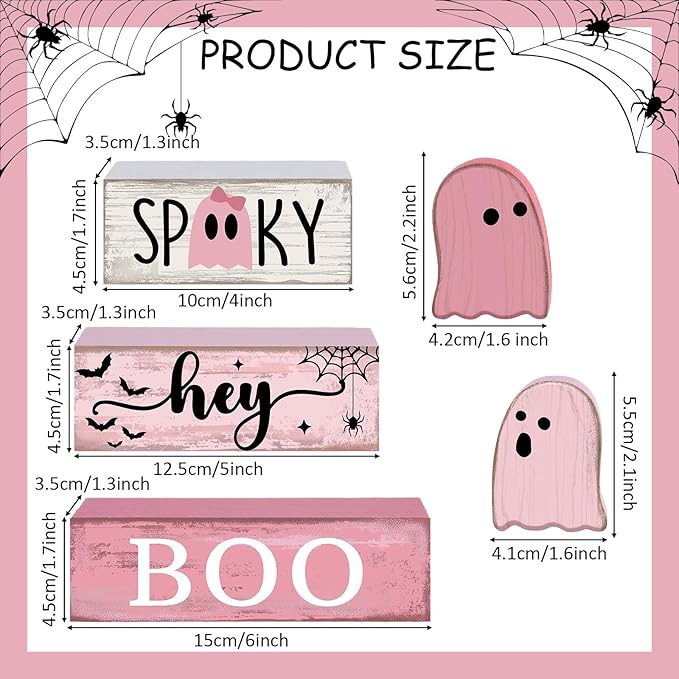 4 Pcs Pink Halloween Decor Ghost Table Decorations Halloween Tiered Tray Decor Farmhouse Ghost Tabletop Centerpiece Rustic Pink Block Sign Gift for Home Kitchen Shelf Office Mantel