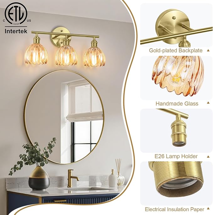 Vintage Bathroom Light Fixtures,3-Light Hardwired Vanity Lights Over Mirror,Gold Wall Sconces with Amber Tulip Glass Shade for Bathroom Living Room,E26 Socket(Bulbs Not Included)