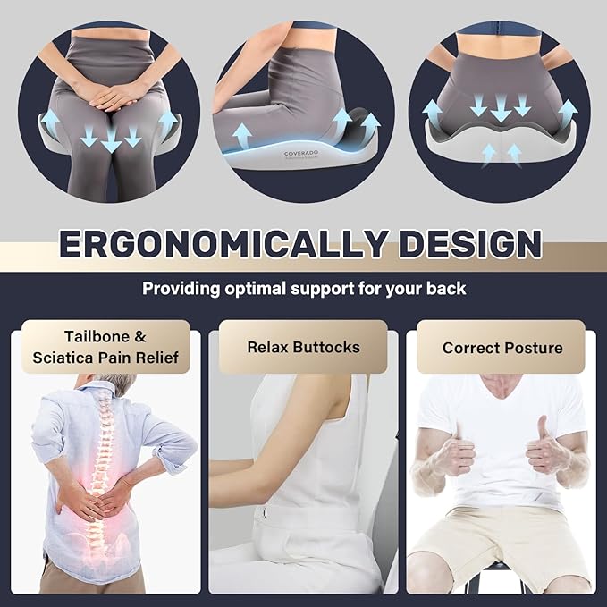 Coverado Car Seat Cushion with Memory Foam, Ergonomic Driving Seat Cushion for Sciatica, Tailbone, Back Pain Relief, Premium Non-Slip Washable Cushion for Car, Driver, Office, Wheelchair