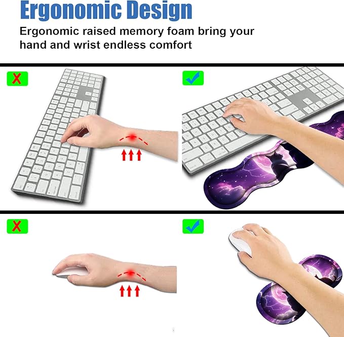 4 in 1 Ergonomic Memory Foam Mouse Pad Wrist Rest Set, Large XXL Gaming Desk Pad + Keyboard Wrist Rest + Mouse Wrist Cushion + Coaster for Home Office Study Gaming, Cats Under The Moon