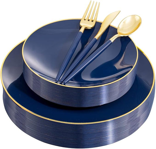 Liacere 150PCS Blue Plastic Plates - Gold Plastic Silverware with Blue Handle - Navy Disposable Plates Include 30 Guests Plates,Forks,Spoons,Knives for Wedding & Party & Halloween