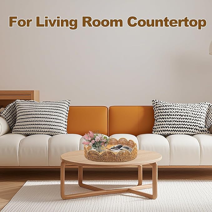 Elliptical Rattan Scalloped Tray, Woven Basket Tray with Bulit-in Handles Scalloped Edges Serving Tray for Coffee Table Living Room Home Decor 14.2" L x 10.9" W x 3.4" H