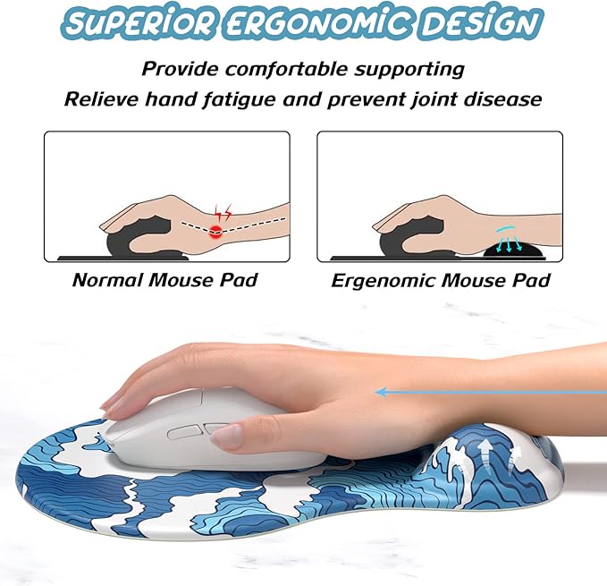 Hsurbtra Ergonomic Mouse Pad with Wrist Rest Support, Gel Mouse Pads with Non-Slip PU Base, Pain Relief Memory Foam Computer Mat, Cute Office Supplies Desk Decro Accessories, Blue Ocean