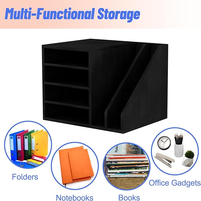 Wood Desk Organizer File Holder, Wooden Mail Organizer Countertop with Adjustable Compartments, Desktop File Organizer Paper Sorter for Home, Office and School, Envelope Organizer, Black