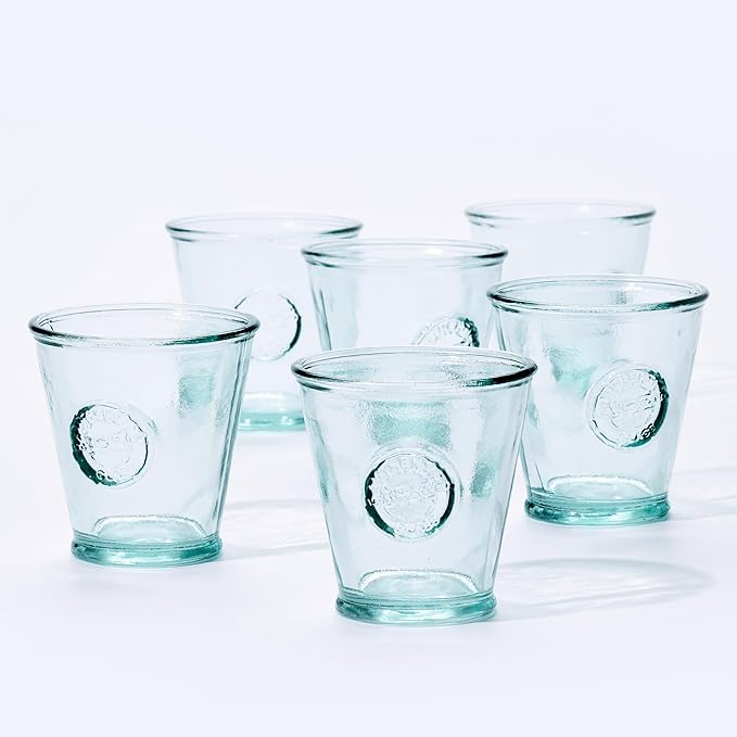 Small Drinking Glasses 8 Oz, Made Of 100% Recycled Glass Drinking Glasses Set Of 6, Authentic Embossed Old Fashioned Glasses, Ideal for Water, Milk, Juice, Espressos, Made In Spain.