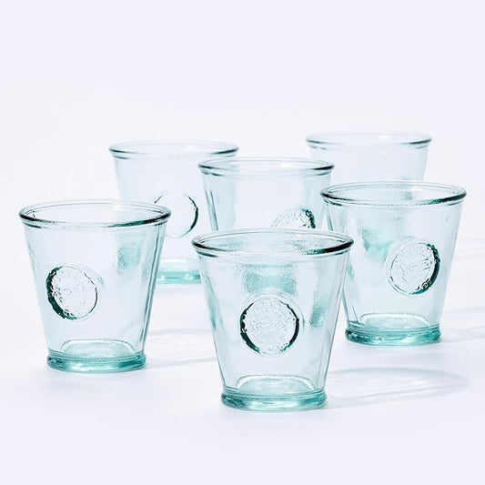 Small Drinking Glasses 8 Oz, Made Of 100% Recycled Glass Drinking Glasses Set Of 6, Authentic Embossed Old Fashioned Glasses, Ideal for Water, Milk, Juice, Espressos, Made In Spain.