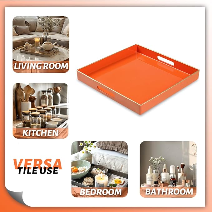 MAONAME Decorative Tray, Orange Serving Tray with Handles, Coffee Table Tray, Square Plastic Tray for Ottoman, Bathroom, Kitchen, 13"x13"x1.57"