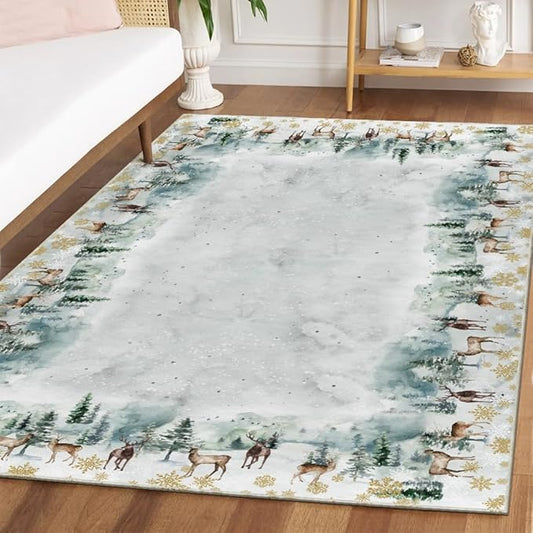Artoid Mode Deer Snowflakes Pine Tree Christmas Area Rug, Xmas Winter Home Decor Low-Profile Washable Area Rugs for Entryway Bedroom Living Room Laundry Room Indoor 5x7 Feet