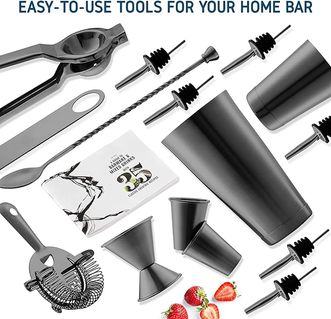 Bar Set Cocktail Shaker Set, Stainless Steel Mixology Bartender Kit, 16 Piece Cocktail Kit, Black Cocktail Set, Bar Tools: 30oz Martini Shaker, Muddler, Bar Kit Cocktail Book, Jigger and Pourers