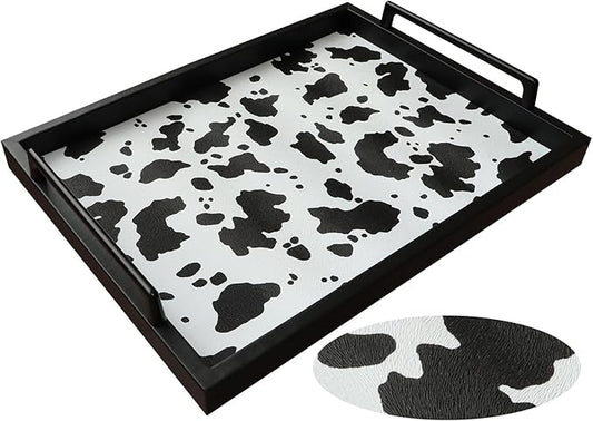 MCBZ Living Room Decorative Tray, Serving Tray, Coffee Table Tray, Leather Tray, Hardware Handle 16.5 x 12.6 inches (Black)