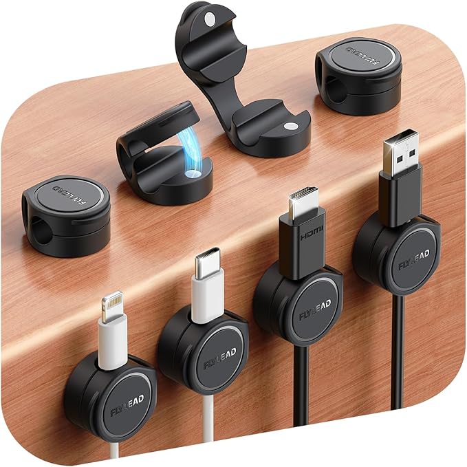 8-Pack Silicone Cord Organizer Magnetic Cable Clips, Adhesive Cable Management Under Desk Wire Hider, FLYLEAD Desktop Cable Organizer for Phone, Office Workspaces Desk Organization Home Accessories