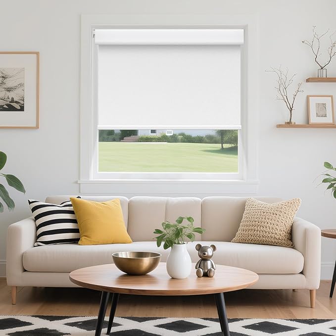 Grandekor No Drill Blackout Roller Shades for Windows,Free-Stop Cordless Roller Blinds for Indoor Windows,UV Protection Thermal Insulated,Pull Down Shades for Bedroom Home,White,Customize