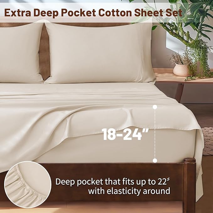 Extra Deep Pocket California King Sheets 18-24 Inch 100% Egyptian Cotton 1000 Thread Count Sateen Weave Soft Breathable 4 Pieces（California King,Linen）