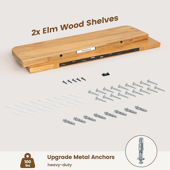 Rustic Elm Wood Floating Shelves for Wall Round Edge, 39"W x 9.2"D x 1.37"H, Set of 2 with Invisible Bracket, Wall Mounted Storage Shelves for Living Room Bedroom Kitchen Bathroom Decor, Natural