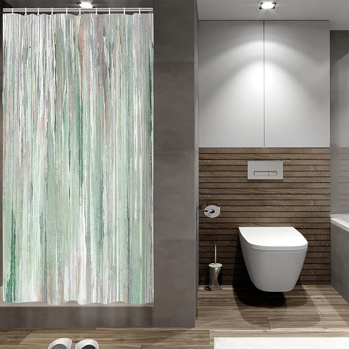 JAWO Small Stall Shower Curtain 47x64 Half Size - Green Abstract Waterproof Fabric Shower Curtains for Bathroom, Cute Modern Aesthetic Abstract Strip RV Camper Narrow Bath Curtain with Hooks