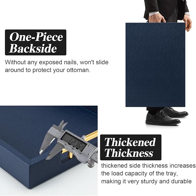 Navy Blue Faux Leather Serving Tray with Handles – Large Decorative Tray for Coffee Table, Ottoman, Living Room, Bathroom – Home Decor