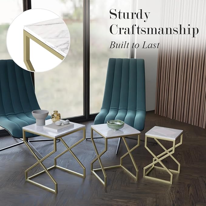 Relso Helix Nesting End Tables - Ceramic Tile Top with Gold Metal Frame - Set of 3 Accent Tables for Living Room Bedroom Entryway - Small Coffee Tables, Modern Nightstand, Durable Design | No Assembly