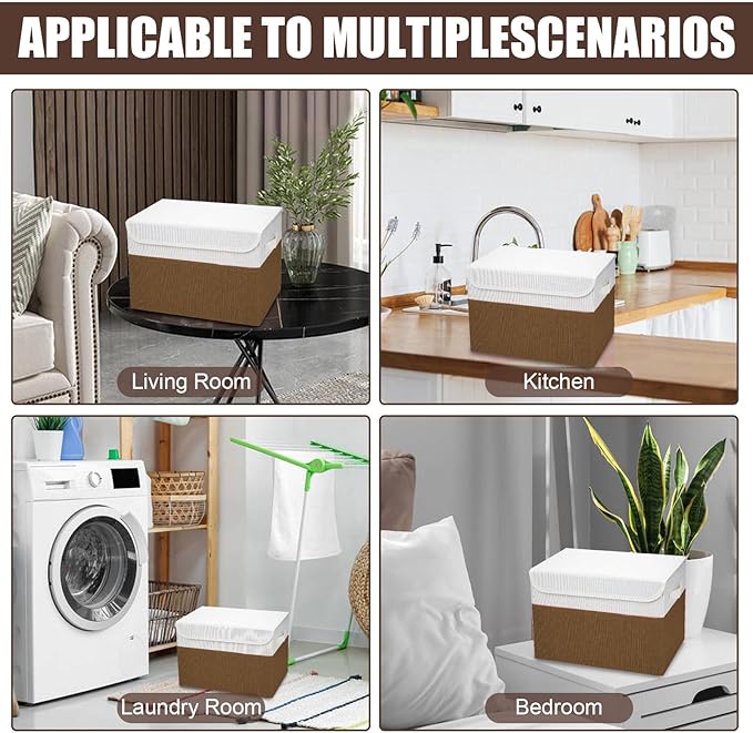 Large 22 Quart Linen Fabric Foldable Storage Bin Cube Organizer Basket with Flip-Top Lid & Handles, Clothes Blanket Box for Home, Office, Closet, Brown & White, 4 Pack 14.6 x 9.5 x 9.5
