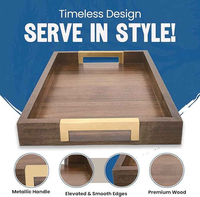 Large Wooden Ottoman Tray with Golden Handles for Serving Food, Decorative Serving Platter for Breakfast, Dinner & Bar, 17.5x11.8in Rustic Storage Tray for Kitchen, Bedroom & Gift Packaging