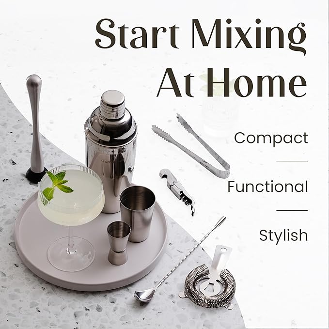 Modern Mixology 21-Piece Cocktail Shaker Set with Stand, Bartender Kit for Home Bar Accessories: 24oz Martini Shaker, Jigger, Strainer, Bar Spoon, Tongs, Opener, Muddler (Silver, Brown Stand)