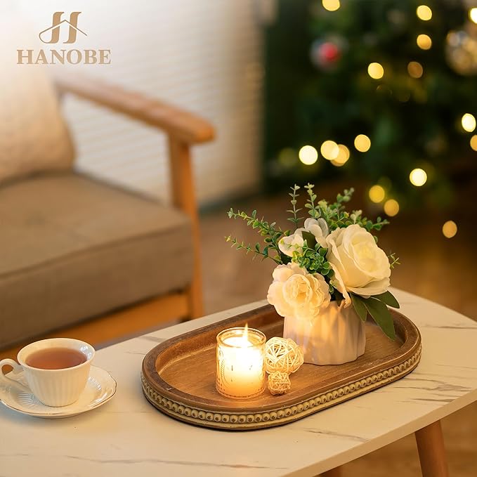 Hanobe Decorative Serving Tray Wood: Brown Bead Oval Tray for Coffee Table Rustic Wooden Trays Decor Farmhouse Kitchen Counter Tray Vintage Centerpiece for Living Room Home Organizer