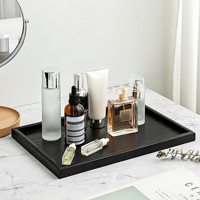 16 x 11 Inches Extra Large Solid Wood Serving Tray for Tea Coffee Table Snack Food Meals Serving Plate Kitchen Party Bar Breakfast Server with Raised Edges Black Wooden Decorative Ottoman Tray