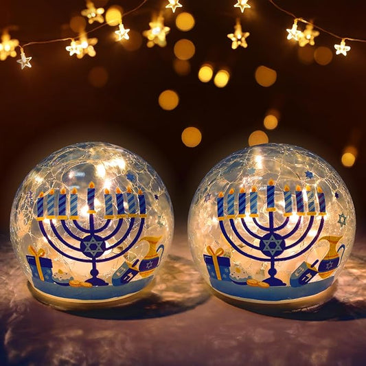 Nefelibata Hanukkah Decorations Chanukah Globe Lights Crackle Glass Ball with LED Lights and Timer Home Table Centerpiece Kitchen Dinner Party Fireplace Decor Battery Operated Lamp Jewish Gifts 2PCS