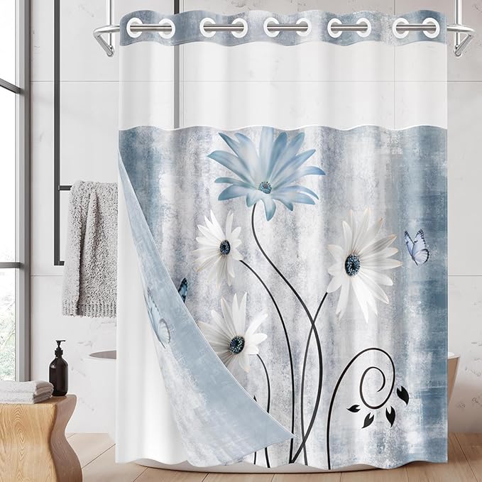 No Hook Rustic Farmhouse Shower Curtain with Snap in Fabric Liner Set, Blue Daisy Flowers and Butterfly on Country Wooden Double Layers Waterproof with See Through Top Bath Curtain 71x74 Inch