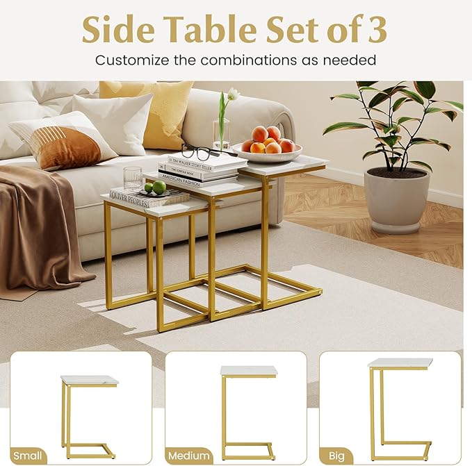 Giantex Nesting Coffee Table Set of 3, Stackable Square End Table w/Faux Marble Tabletop & Heavy-Duty Metal Frame, Farmhouse C-Shaped Accent Table for Small Space, Living Room, Bedroom (White Gold)