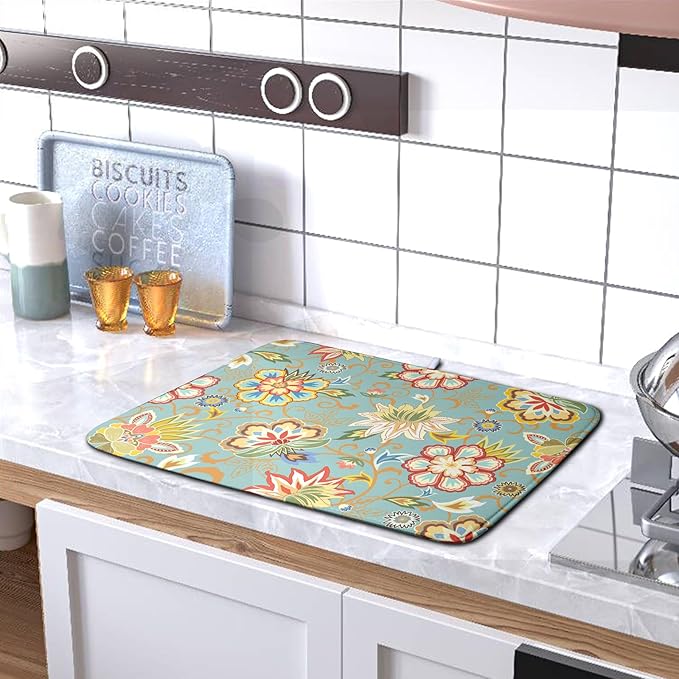 Boho Floral Kitchen Dish Drying Mat for Dishes 18x24 Inch Vintage Mandala Colorful Flowers Drying Mat Green Bohemian Dish Drainer Mat Super Absorbent Dish Rack Pad for Coffee Bar Sinks