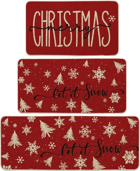 Artoid Mode Xmas Trees Snowflake Let It Snow Merry Christmas Kitchen Mats Set of 2, Winter Decor Low-Profile Kitchen Rugs - 17"x29"+17"x36"+17"x47"