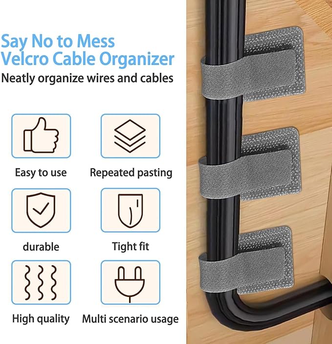 100 Pack Reusable Cable Management Ties, Adjustable Hook and Loop Cord Organizer, Strong Adhesive Wire Clips for Desk and Wall, Cable Holder for Home Office TV Computer, Grey