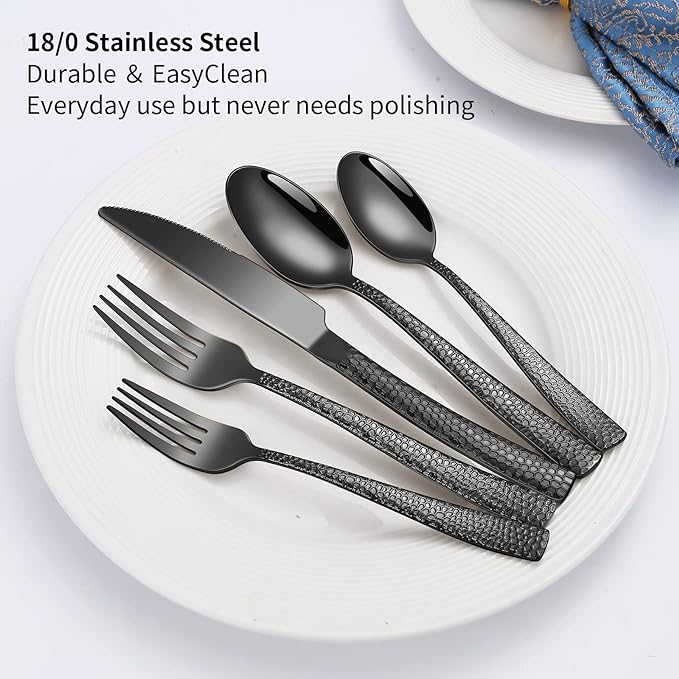 40-Piece Silverware Set, Black Hammered Stainless Steel Flatware Sets for 8, Food-Grade Tableware Set, Including Fork Knife Spoon Set, Durable Home Kitchen Cutlery Sets, Dishwasher Safe