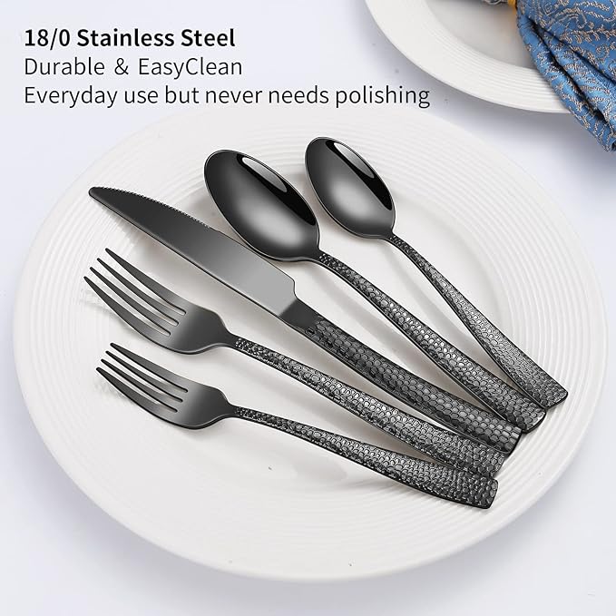 45-Piece Silverware Set with Serving Utensils Set, Black Hammered Stainless Steel Flatware for 8, Food-Grade Tableware, Including Fork, Knife, Spoon Set, Home Kitchen Cutlery, Dishwasher Safe