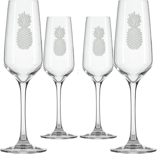 Rolf Glass Fresh Pineapple Champagne Flute | 5.75oz Toasting Glasses | Diamond-Wheel Engraved and Polished | Designed and Engraved in the USA | Lead-Free | Set of 4