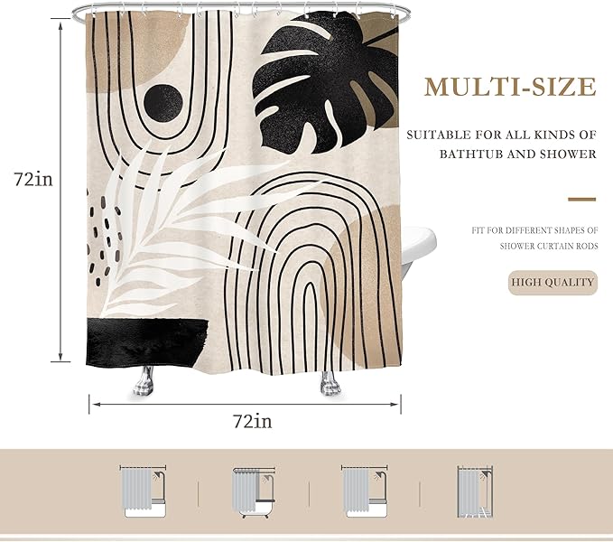 Glawry Boho Black Brown Beige Shower Curtain Modern Mid Century Abstract Tropical Palm Leaf Bathroom Minimalist Geometric Arch 72Wx72L Inches Bath Accessories Art Home Decor Fabric 12 Pack Hooks