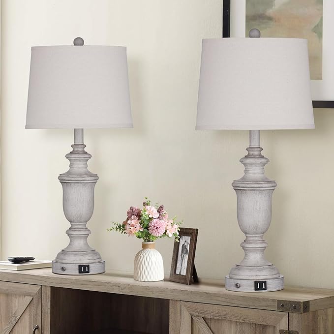 Farmhouse Table Lamps Set of 2 with USB Charging Port for Rustic Living Room Retro Bedroom,3-Way Dimmable Touch Lamp Resin Bedside Lamps for Nightstand Side End Table,Color 2