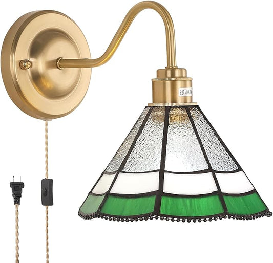 Vintage Wall Sconce, Wall Lamps with Green Multilayer Petal Sconce, Stained Glass Shade Brass Wall Lights Fixture with Plug in Cord and Switch for Bedroom Bathroom Living Room Hallway